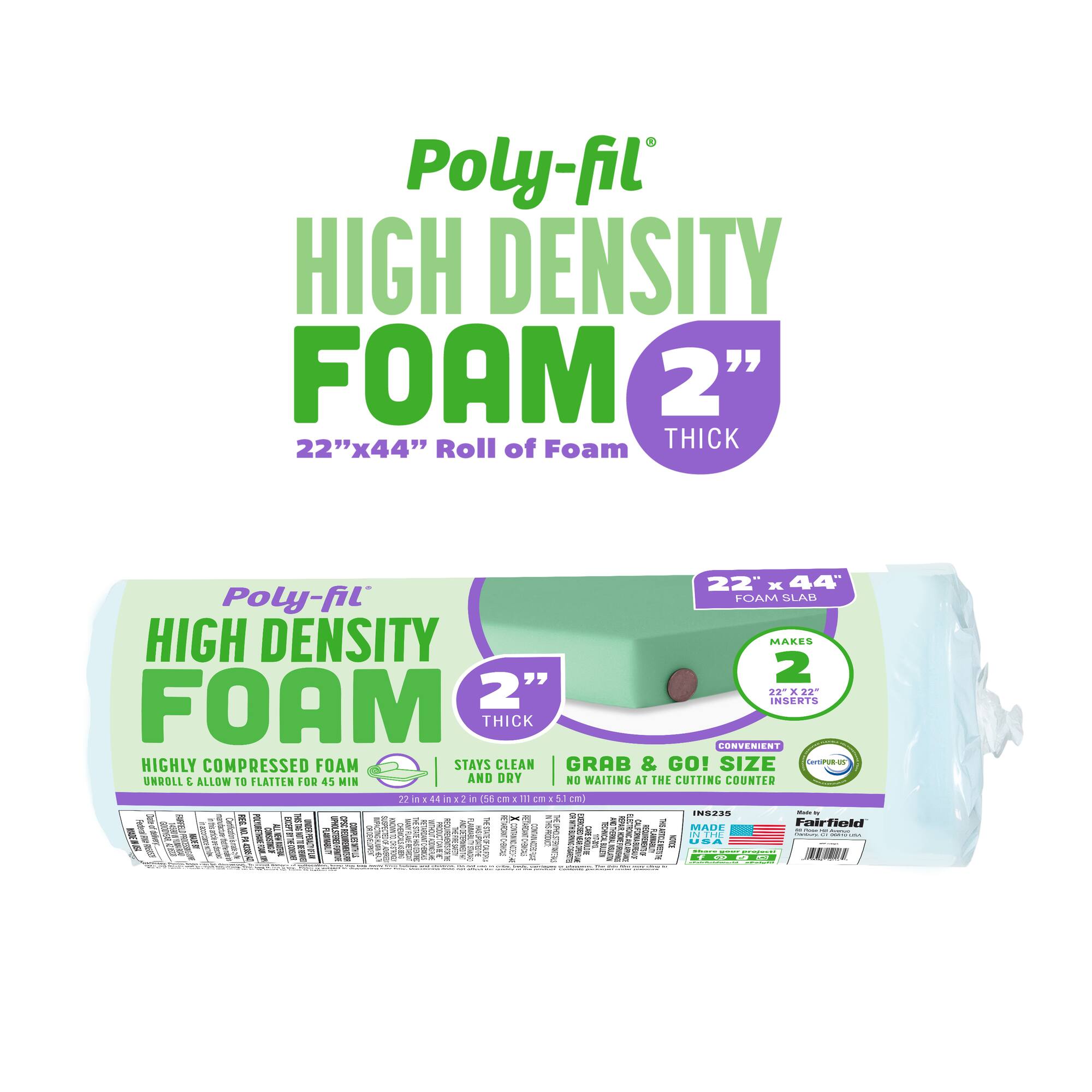 6 Pack: Poly-Fil® 2" High Density Foam, 22" x 44"